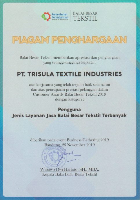 Sertifikat Pengguna Jasa Balai Besar Tekstil Terbanyak 2019 (26 November 2019)