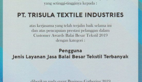 Sertifikat Pengguna Jasa Balai Besar Tekstil Terbanyak 2019 (26 November 2019)